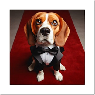 Sad beagle dog in formal tuxedo on red carpet Posters and Art